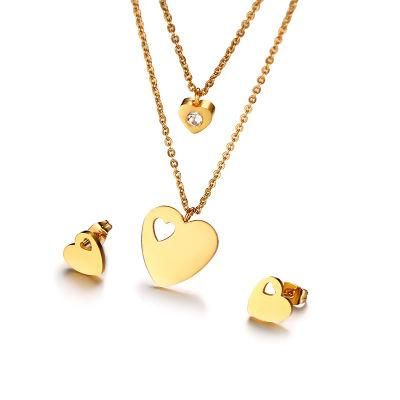 Double Chain Heart Necklace with CZ Plus Earring Set