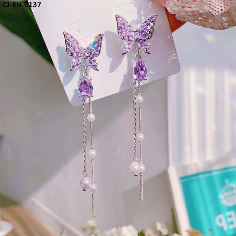 925 Silver Earrings Needle Women High Sense Crystal Purple/Colorful White Sparkling Butterfly Tassel Diamond Long Earrings