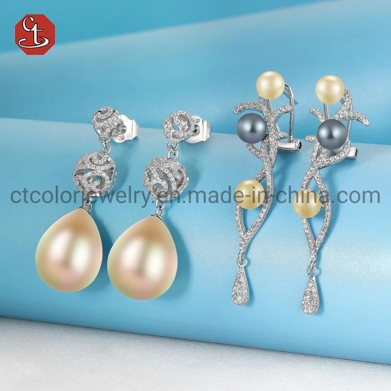 High Quality Jewelry for Wholesale Fashion Costume Imitation 925 Sterling Silver Jewelry with CZ Pearl Earring for Women