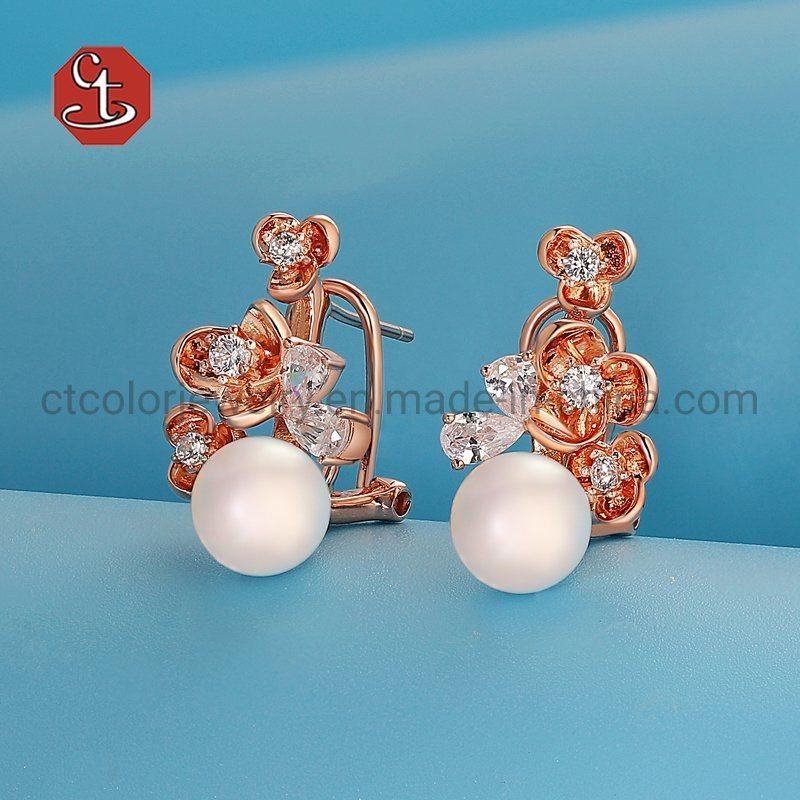 Fashion 925 Sterling Silver Rose Gold Flowers and pearls Earring for Jewelry Gift Women