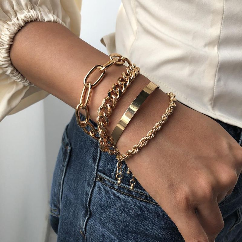 2021 Trending Products Best Selling Fashion Gold Alloy Thick Chain Multi-Layer Bracelet Bangle Jewelry Women, Adjustable Girl Bracelets