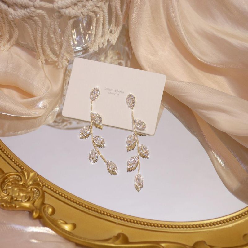 Long Silver Plated Crystal Leaf Tassel Drop Earrings for Women