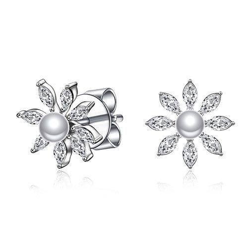 Classic Round CZ Sterling Silver Pearl Flower-Shaped Stud Earring