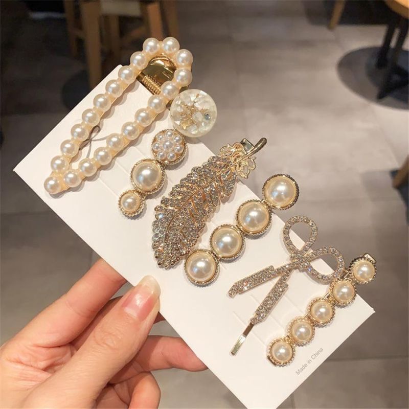 Net Red Hot Style Scissors Pearl Feather Six-Piece Hair Clip, Bear Girl Side Clip, Word Clip Duckbill Clip Hair Accessory