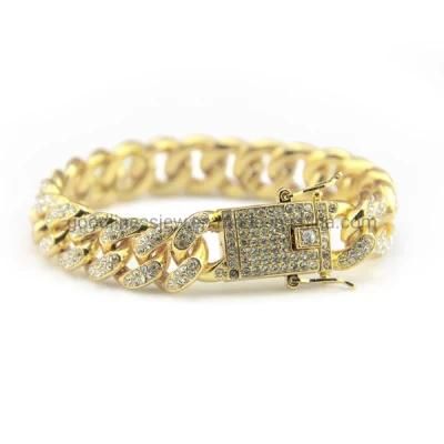 HIPS Hops Solid 18K Gold Full CZ Stone Paved Bling Iced out Curb Miami Cuban Chain Bracelet Jewelry