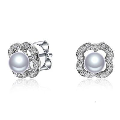Classic Round CZ Sterling Silver Pearl Flower-Shaped Stud Earring