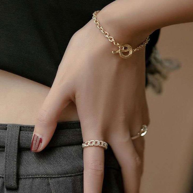 Real 18K Gold Plated Rhinestone Chunky Chain Finger Open Ring Pave Diamond Adjustable Chain Rings