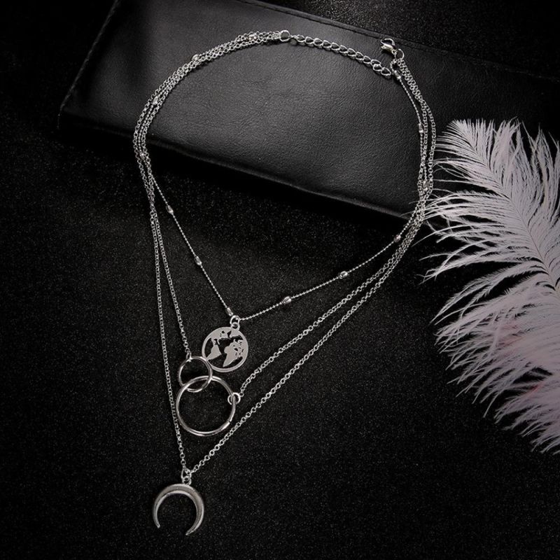 Bohemian Women Multi Layer Choker Necklace with Map Moon Pendant