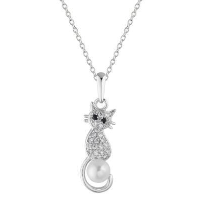 Cute Cat 925 Sterling Silver Pearl Pendant