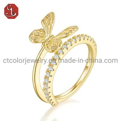 Fashion Jewelry Design 18K Gold Silver Cubic Zirconia Butterfly Rings Adjustable Crystal Butterfly Rings for Women Girls