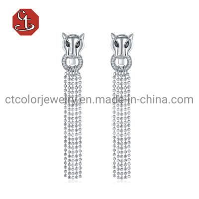 925 Sterling Silver Leopard Tassel Earring Panther Animal Dangle Earring Custom Jewelry