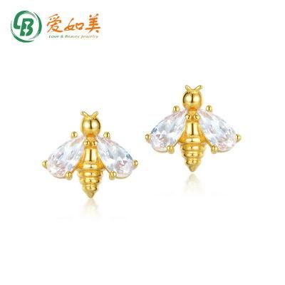 Factory 925 Sterling Silver Summer Jewelry Real Gold Plating Bumblebee Cute Bee CZ Earrings Studs for Women
