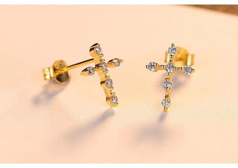 Christ Cross Golden Plated Silver Mini Earrings Stud