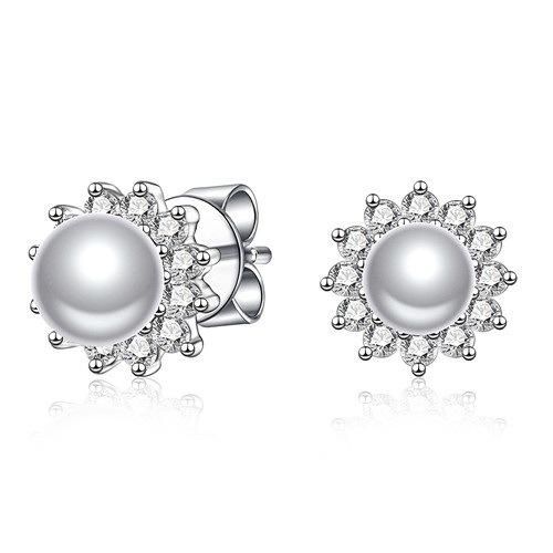 Classic Round CZ Sterling Silver Pearl Flower-Shaped Stud Earring