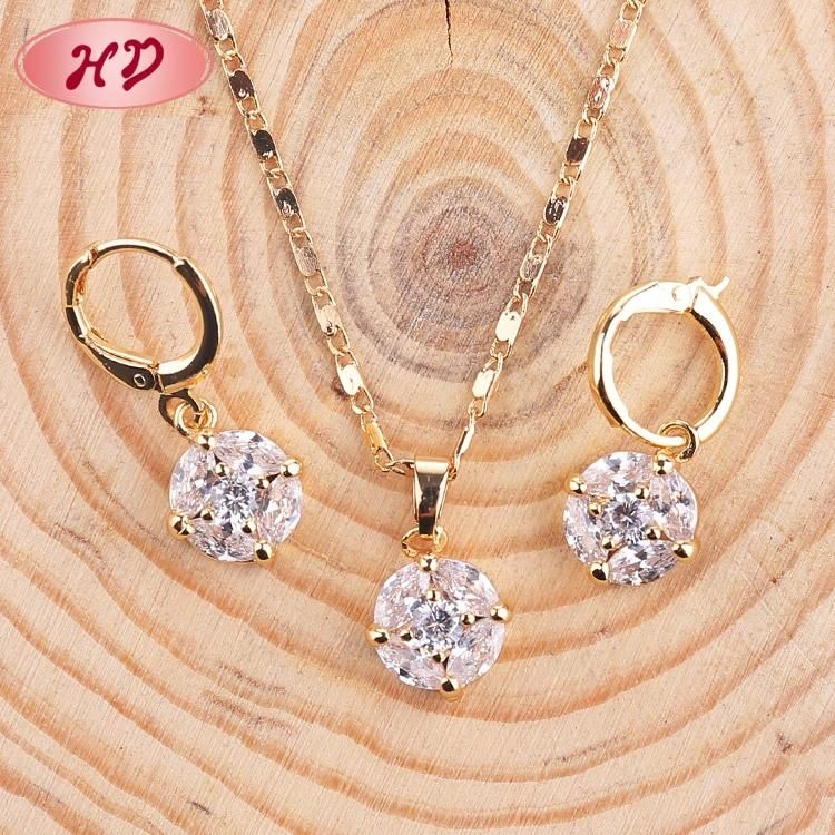 Fashion Wedding Silver Alloy Gold Plated Ring Necklace Earring Jewelry Set with CZ Crystal Pearl