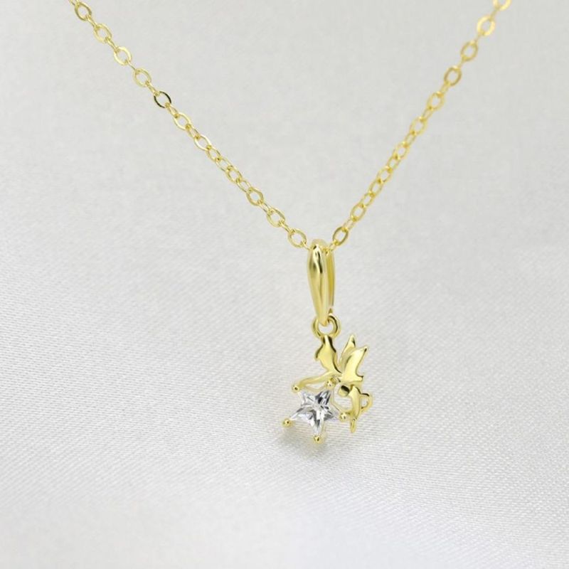 925 Sterling Silver Elves Shape Angel Zircon Star Pendant 14K Gold Plated Clavicle Chain Necklace Women Jewelry