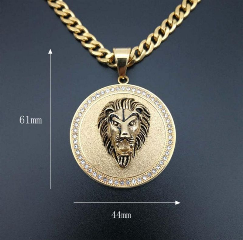European and American Hip-Hop Hiphop Jewelry Titanium Steel Gold-Plated Diamond Frosted Disc Lion Head Pendant Spt1028