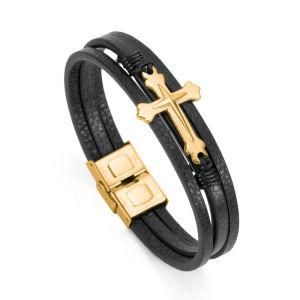 Fashion Jewelry &#160; Stainless Steel Cross Multi-Layer &#160; Weave Leather Men Bracelet