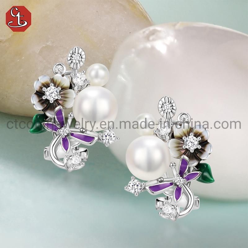 High Quality Fashion Jewelry 925 Sterling Silver Enamel Flower Pearl Mop Earring