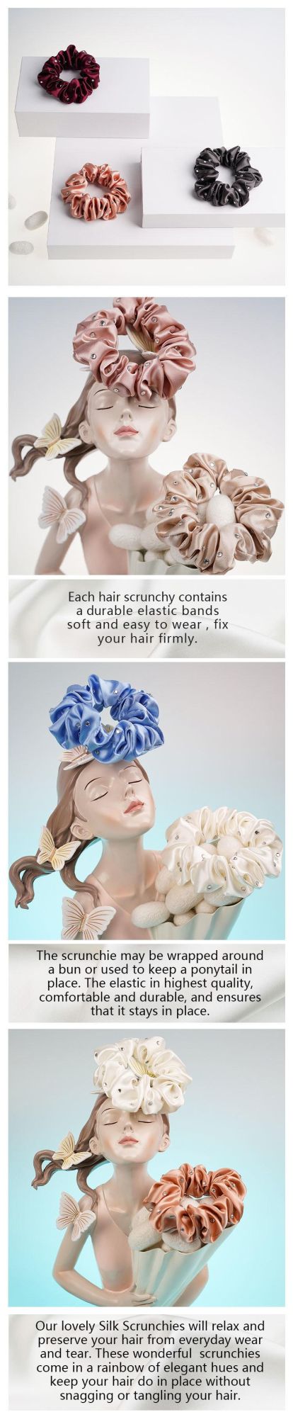 Fashionable Color for Silk Scrunchies Hair Accessories with Beautiful Crystal