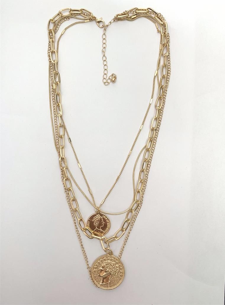 2021 Fashion Jewellery Vacation Gold Plated Personality 4 Layered Necklaces with Coin and Human Head Round Disc Charm Multi-Layered Necklace Jewelry
