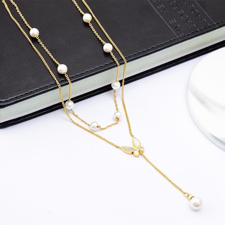 Factory Wholesale Fashion Jewelry Fashion Jewelry Double-Layer Chain Stainless Steel Plated Double-Layer Pearl Necklace