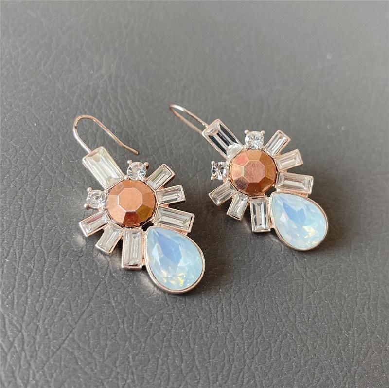 Fashion Jewelry Custom Earrings Alloy Teardrop Baguette Round Stone Flower Shape Women Earrings