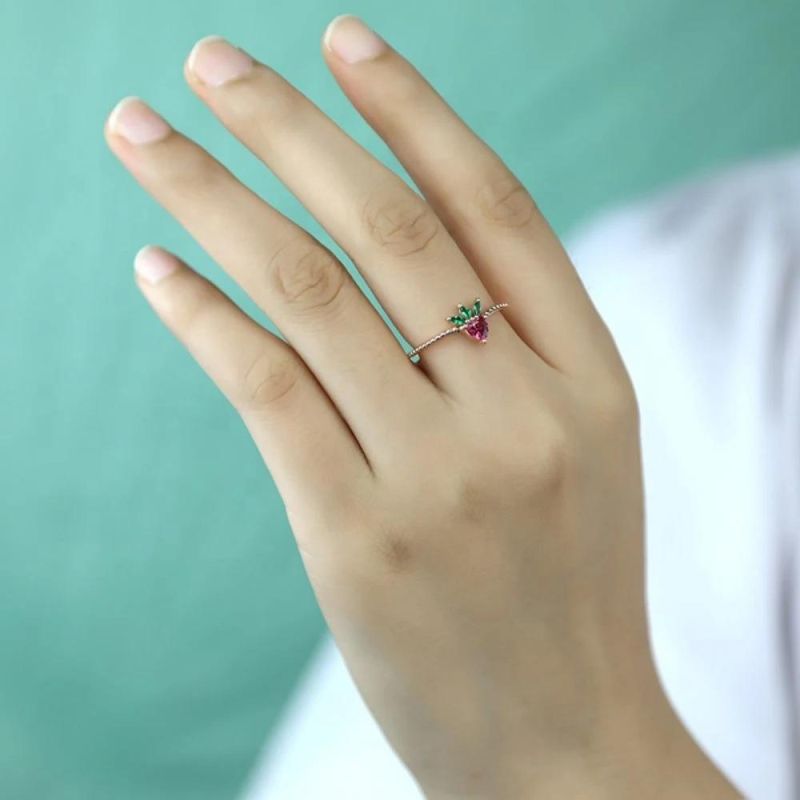 925 Sterling Silver Ring Sweet Red Strawberry CZ Opening Ring Wonderful Gift for Women Girls Fashion Jewelry