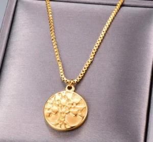 Wholesale 14K Gold Plated Coin Pendant Tree of Life Titanium Steel Necklace Jewelry Women