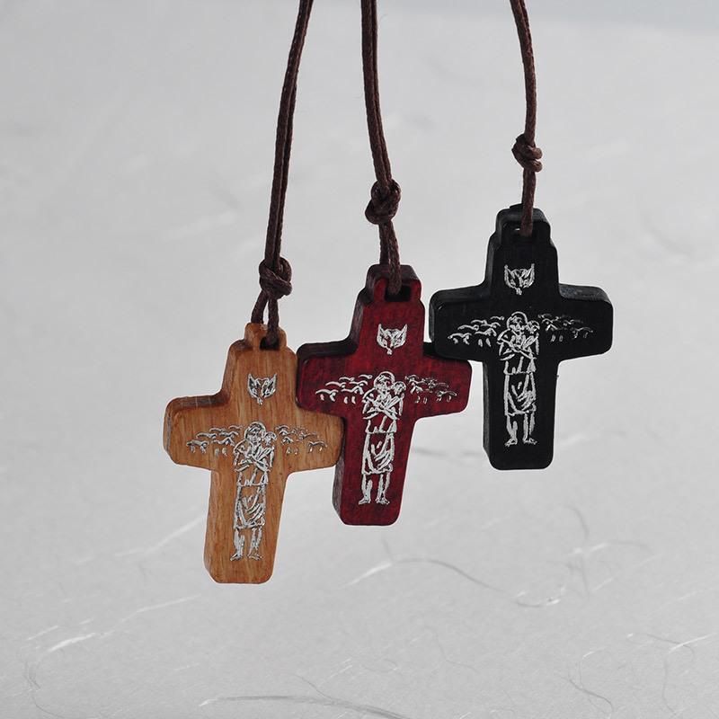 San Damiano Crucifix Oxidized Wooden Pendant Metal Inlay Cord Necklace