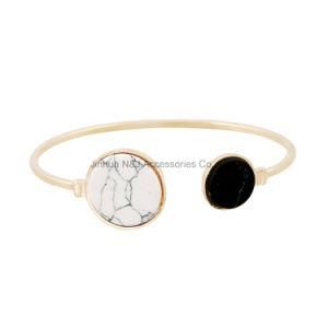 Gold Tone 2017 New Fashion Trendy Round Black White Turquoise Marbleized Stone Charm Cuff Bangle Bracelet for Women