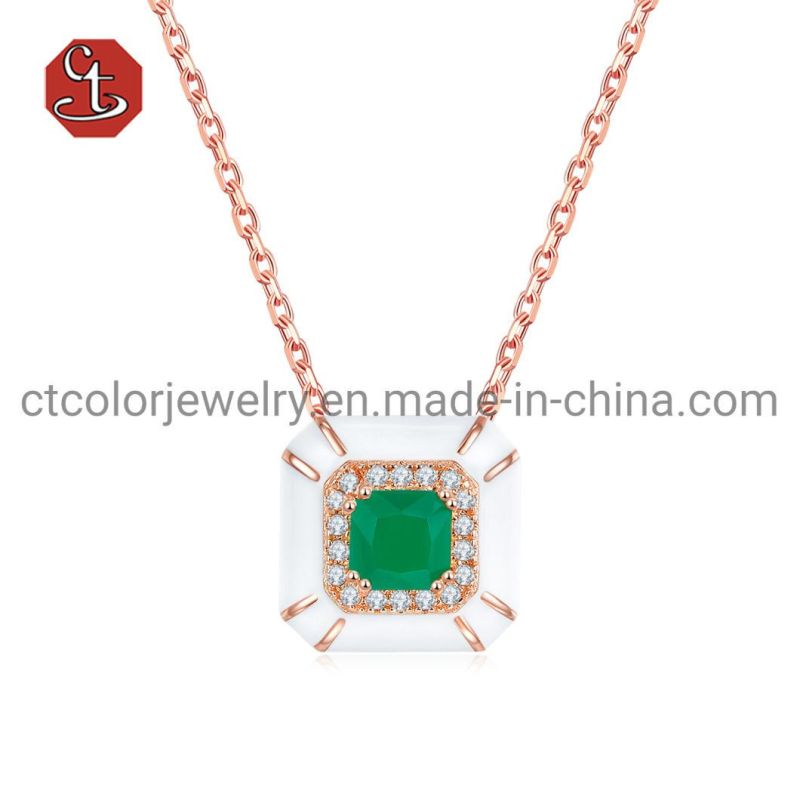 Green Stone Silver or Brass Necklace with White Enamel Fashion Enamel Pendants Necklaces