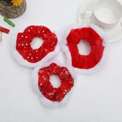 Red Christmas Gift Beauty Velvet Fur Elastic Hair Scrunchy, Plush Hair Ties Ropes Scrunchies for Women or Girls Hair Loop