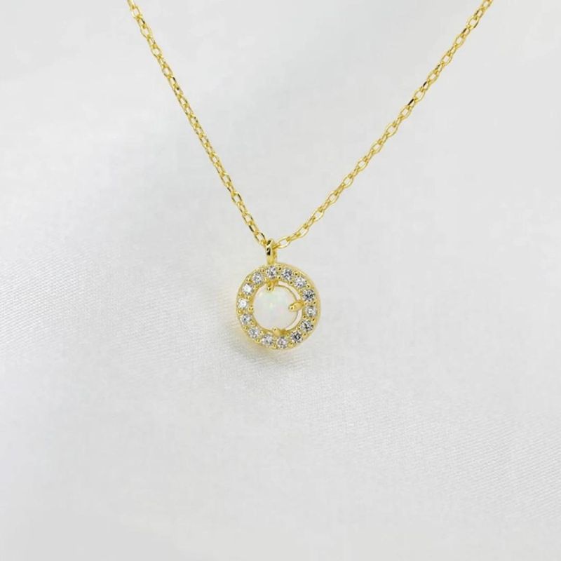 925 Silver Jewelry Opal Stone Circle Zircon Pendant Clavicle Chain Necklace for Women Wedding Fashion Jewelry