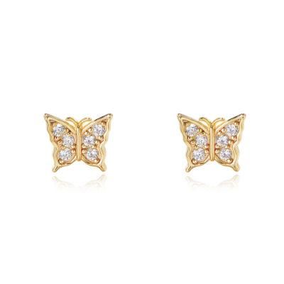 New Arrival Fashion Jewelry 925 Sterling Silver Gold Plated Cubic Zirconia Butterfly Stud Earrings