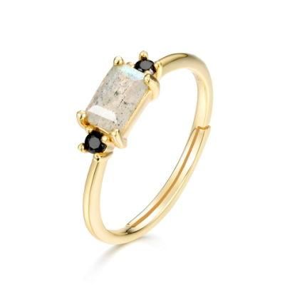 925 Silver 14K Gold Plated Ring Inlaid with Labradorite &amp; Black Zircon