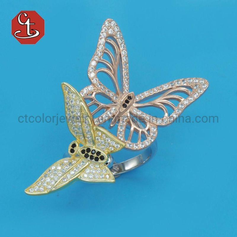 Personality Fashion Butterfly Shape Silver Inlaid Zircon Temperament ladies Rings Jeweley
