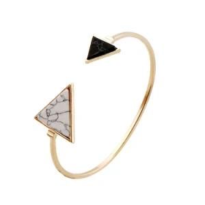 2017 New Gold Tone Punk Trendy White Black Triangle Faux Marbleized Stone Cuff Bangle Bracelet for Women Fashion Jewelry