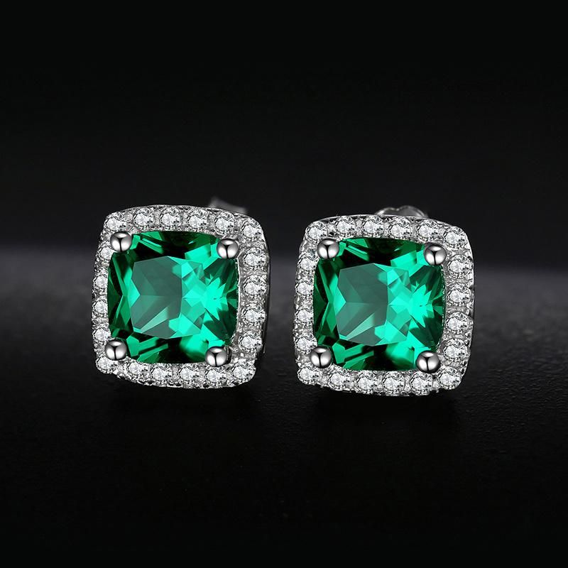 Created Emerald Halo Stud Earrings Solid 925 Sterling Silver Earring Fine Jewelry