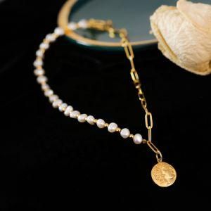 Baroque Pearls Irregular Chocker Baroque Pearl and Coin Link Chain Lady Brass 18K Gold Plated Necklace