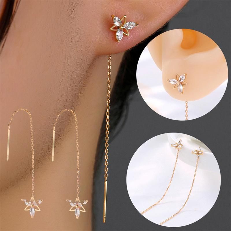 2022 Manufacture New Design Fashion 18K Gold Jewelry Brass Alloy Crystal CZ Irregular Star Shape Drop Long Thread Line Threader Earrings for Women Girls