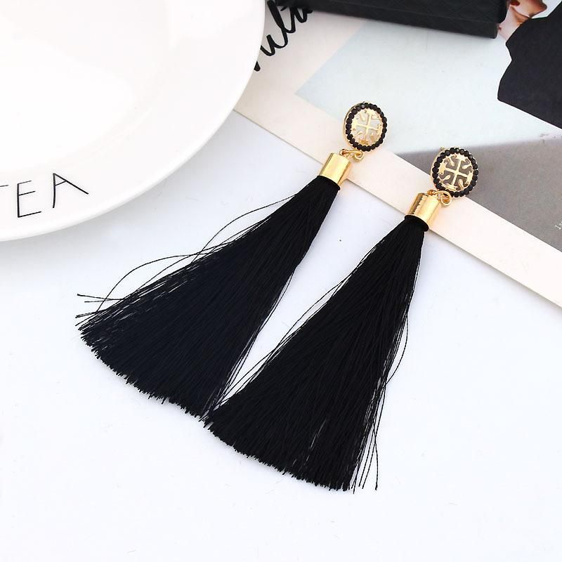 Crystal Women Fashion Jewelry Silk Fabric Long Drop Tassel Earrings