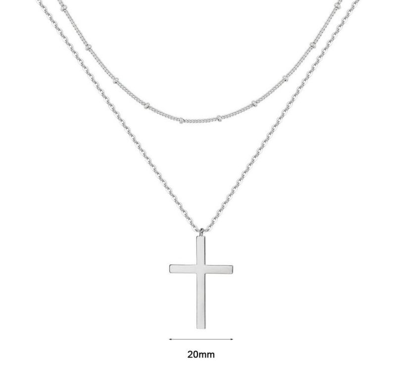 Trendy Custom Minimalist Classic Women Gifts 925 Sterling Silver 18K Gold Plated Cross Double Layered Pendant Necklace Jewelry