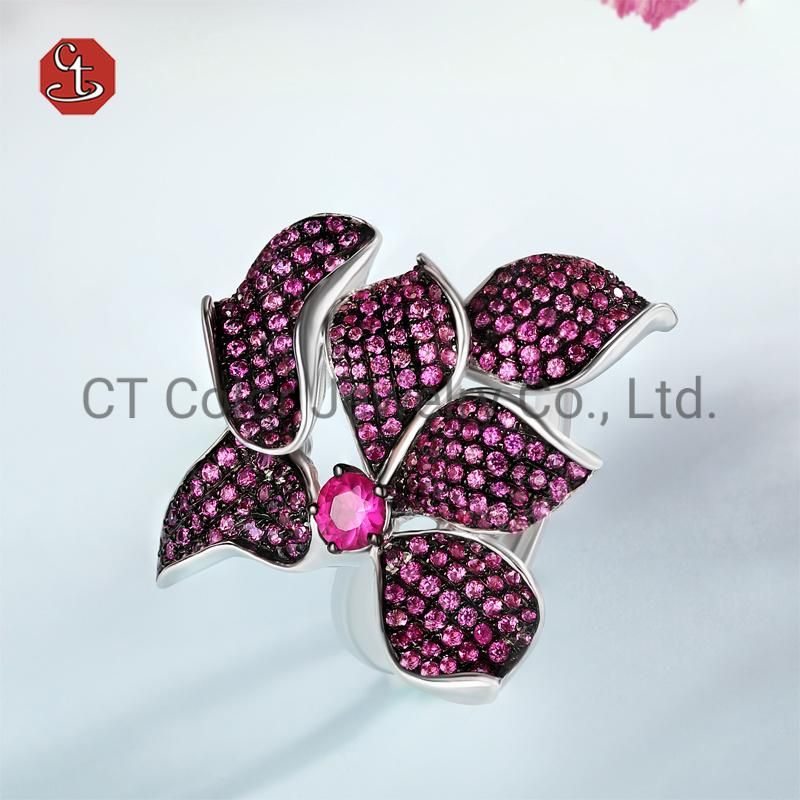 Fashion Black Ring Pink Flower design Silver Ring 925 Silver Jewelry Diamond Ring