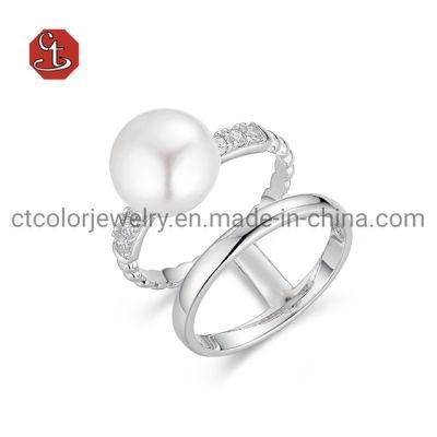 Fashion Freshwater Pearl Silver Rings Engagement Ring with CZ Jewelry for Women