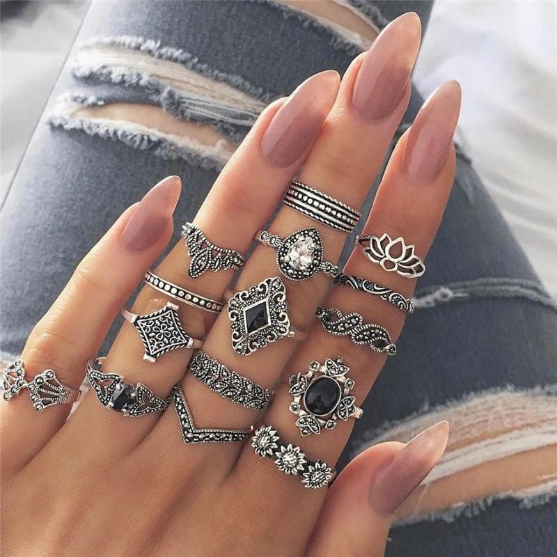 15 PCS/Set Bohemia Retro Leaves Lotus Silver Rings Set Fashion Jewelry