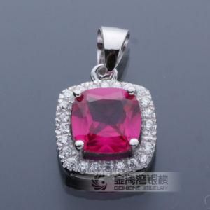 925 Sterling Silver Princess Cut Stone Pendant with Ruby Stone