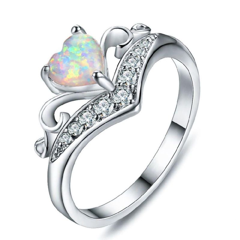 Fashion Rings Jewelry Women Luxury White Opal Blue Heart Shaped Crown Simple Design Wedding Rings