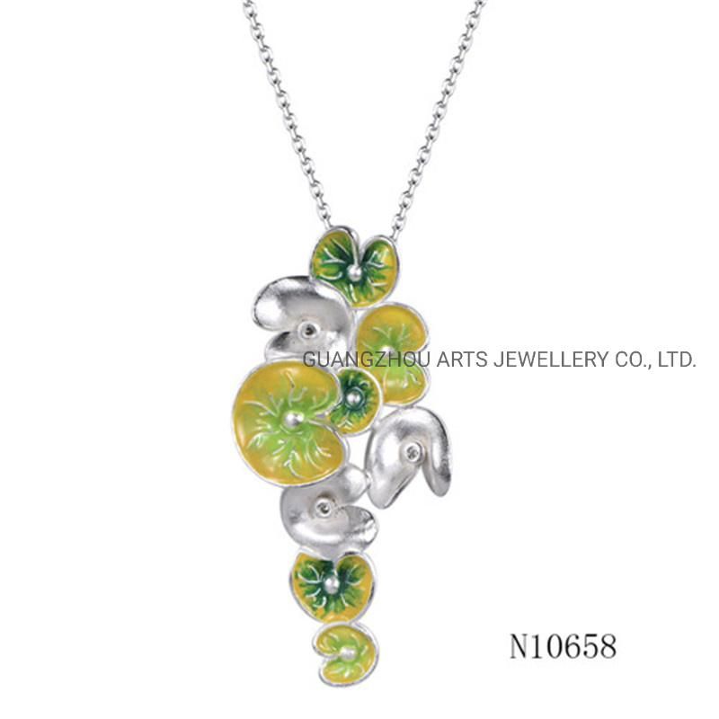 925 Sterling Silver Green Enamel Flowers Pendant Necklace