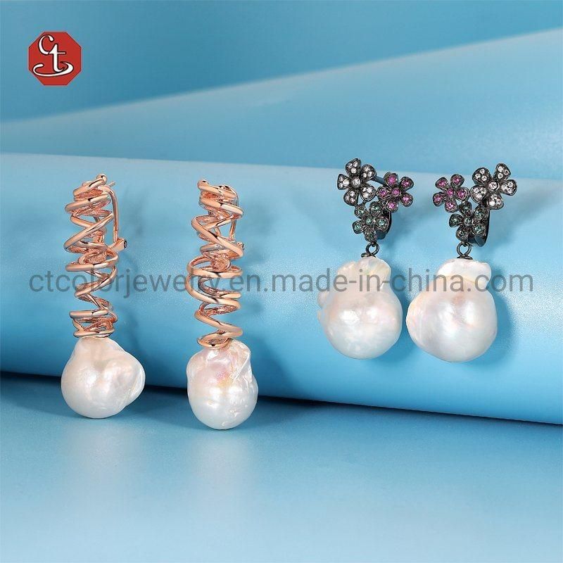 Fashion Jewelry Rose Plated 925 Silver Baroque Pearl Earrings Simple Irregular Unique Design Earrings